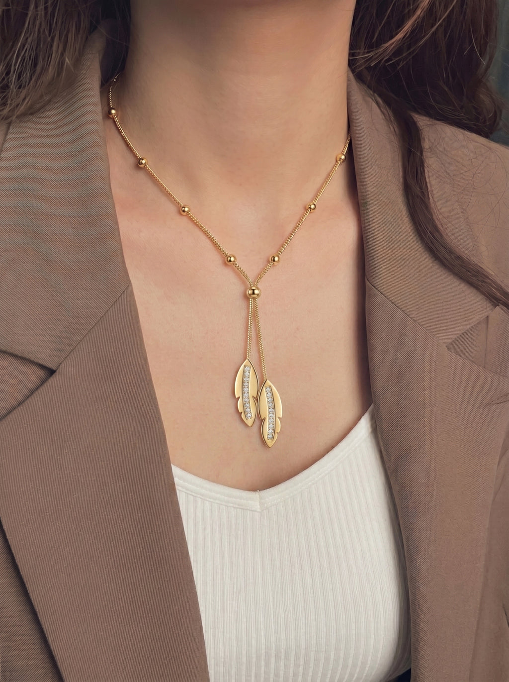 Golden Leaf Lariat Necklace